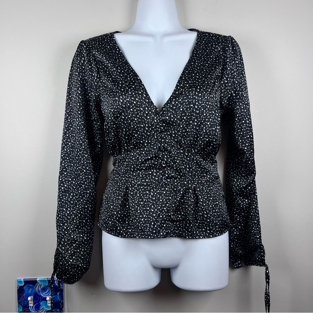 Abercrombie & Fitch Black Silky White Blue Polka Dot Blouse Top Size Small